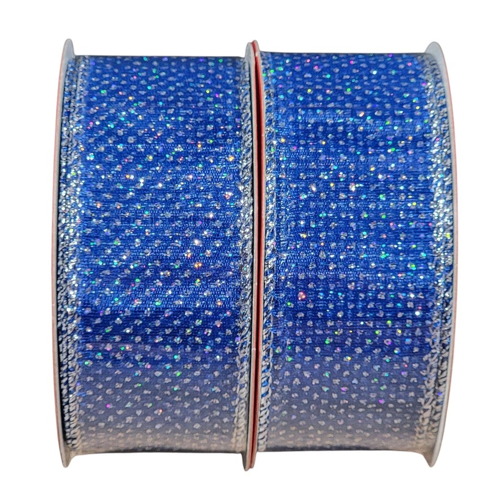 Hobby Lobby Blue Silver Polka Dot Wired Ribbon 1.5" Lot of 2 20 Yds‎ Christmas